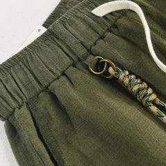 Men's summer cotton linen shorts, elastic waist cotton linen shorts with decoration