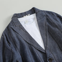 100% Linen Striped Suit Jacket, Vintage Chinese Casual Cotton Linen Suit Jacket