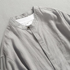 100% linen shirt, stand up collar casual loose oversized linen shirt, men's summer linen shirt