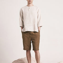 Vintage Linen Half Sleeve Shirt, Loose Boat Neck Casual Linen Shirt