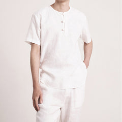 Short Sleeve Boat Neck Frog Button Linen Shirt, Summer Loose Casual Summer Shirt