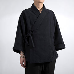 Vintage Japanese cotton linen kimono, Chinese V-neck jacket