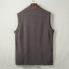 Sleeveless Cotton Linen Kimono Jacket, Vintage Frog Button Chinese Linen Jacket