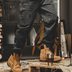 Men's cotton casual cargo pants, elasticated waist cotton workwear ankle pants