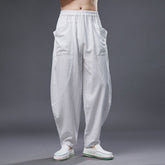 Summer men's cotton linen tapered pant, vintage loose casual elastic waistband drawstring pant