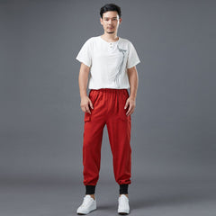 Men's cotton linen tapered pants, vintage loose casual elastic waistband drawstring pants