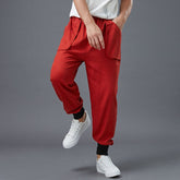 Men's cotton linen tapered pants, vintage loose casual elastic waistband drawstring pants