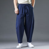 Summer Men's Cotton Linen Tapered Pants, Vintage Loose Casual Elastic Waist Straight Leg Pants