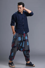 Men's cotton linen harem trousers, elasticated waistband vintage cotton linen trousers
