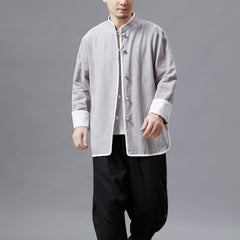 Cotton Linen Standing Collar Casual Jacket, Men's Long Sleeve Kung Fu Jacket, Chinese Vintage Bruce Lee Jacket