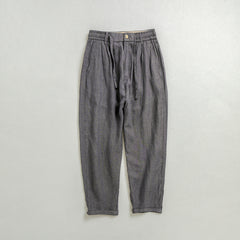 100% Linen Summer Striped Ankle Pants, Men's Elastic Waist Tie Linen Ankle Pants