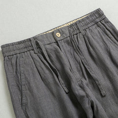 100% Linen Summer Striped Ankle Pants, Men's Elastic Waist Tie Linen Ankle Pants
