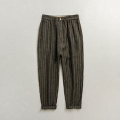 100% Linen Summer Men's Striped Ankle Pants, Elastic Waist Tie Linen Ankle Pants