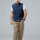 Summer Men's Frog Button Sleeveless Cotton Linen Shirt, Standing Collar Casual Cotton and Linen Sleeveless Jacket