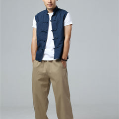 Summer Men's Frog Button Sleeveless Cotton Linen Shirt, Standing Collar Casual Cotton and Linen Sleeveless Jacket