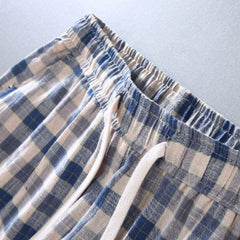 Summer Plaid Linen Ankle Pants, Casual Loose Linen Pants