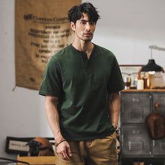Summer Henley Neck Cotton T-Shirt, Vintage V-Neck Loose Casual T-Shirt 20240804