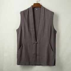 Sleeveless Cotton Linen Kimono Jacket, Vintage Frog Button Chinese Linen Jacket