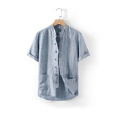 Summer short sleeve linen shirt, vintage stand-up collar frog button 100% linen shirt
