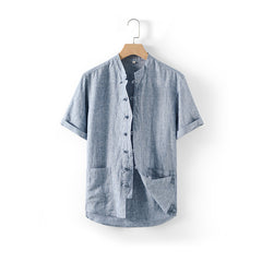 Summer short sleeve linen shirt, vintage stand-up collar frog button 100% linen shirt