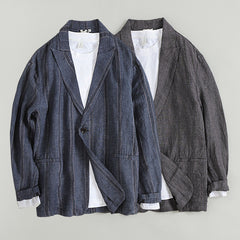 100% Linen Striped Suit Jacket, Vintage Chinese Casual Cotton Linen Suit Jacket