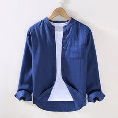 Standing collar long sleeve linen shirt with pockets, 6 colours 100% linen shirt, Chinese men's summer shirt
