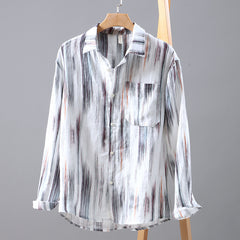 100% Linen Printed Long Sleeve Shirt, Summer Loose 100% Linen Shirt