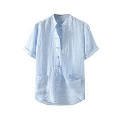 Summer short sleeve linen shirt, vintage stand-up collar frog button 100% linen shirt