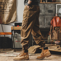 Men's Cotton Cargo Pants, Loose Elastic Waist Work Pants, Vintage Casual Street Pants