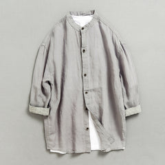100% linen shirt, 5-color stand up collar casual loose oversized linen shirt, men's summer linen shirt