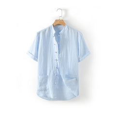 Summer short sleeve linen shirt, vintage stand-up collar frog button 100% linen shirt