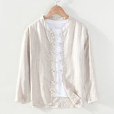 Vintage Chinese frog button linen shirt, men's summer long sleeve linen shirt