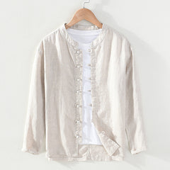 Vintage Chinese frog button linen shirt, men's summer long sleeve linen shirt