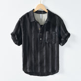 Men's summer striped short-sleeved linen shirt, stand-up collar loose 100% linen shirt