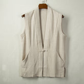 Sleeveless Cotton Linen Kimono Jacket, Vintage Frog Button Chinese Linen Jacket