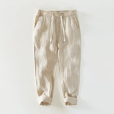 Men's summer linen ankle pants, loose casual elastic waist tie linen pants