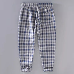 Summer Plaid Linen Ankle Pants, Casual Loose Linen Pants