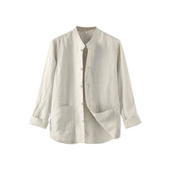 Long Sleeve Standing Collar Linen Shirt, Men's 100% Linen Shirt
