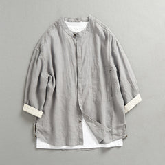 100% linen shirt, stand up collar casual loose oversized linen shirt, men's summer linen shirt
