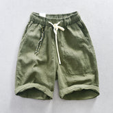 Men's summer cotton linen shorts, elastic waist cotton linen shorts with decoration