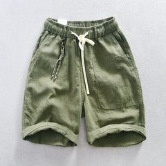 Men's summer cotton linen shorts, elastic waist cotton linen shorts with decoration