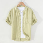 Summer short sleeve linen shirt, stand-up collar loose 100% linen shirt