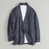 100% Linen Striped Suit Jacket, Vintage Chinese Casual Cotton Linen Suit Jacket