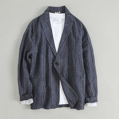 100% Linen Striped Suit Jacket, Vintage Chinese Casual Cotton Linen Suit Jacket