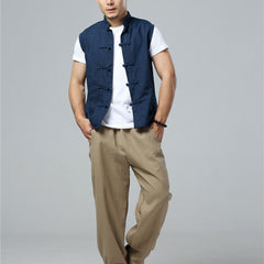 Summer Men's Frog Button Sleeveless Cotton Linen Shirt, Standing Collar Casual Cotton and Linen Sleeveless Jacket