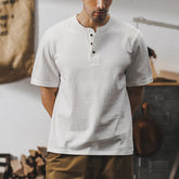 Summer Henley Neck Cotton T-Shirt, Vintage V-Neck Loose Casual T-Shirt 20240804