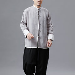 Cotton Linen Standing Collar Casual Jacket, Men's Long Sleeve Kung Fu Jacket, Chinese Vintage Bruce Lee Jacket