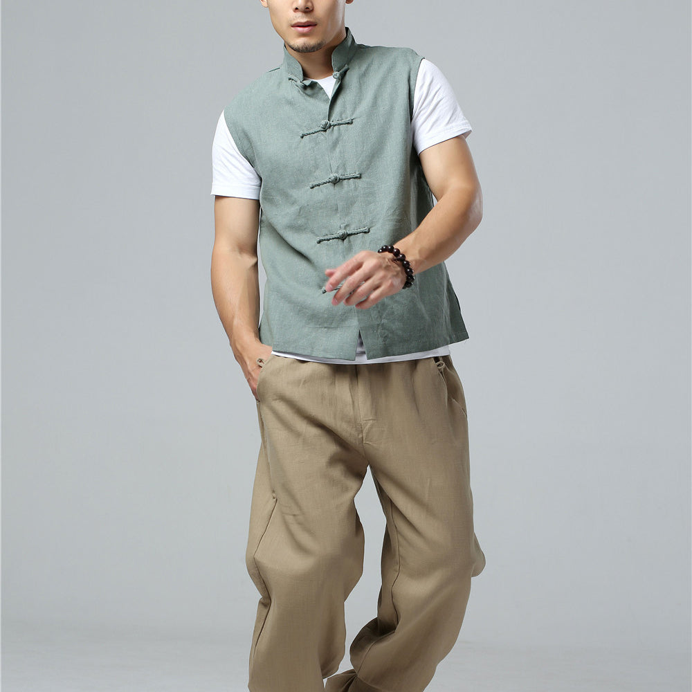 Summer Men's Frog Button Sleeveless Cotton  Linen Shirt, Standing Collar Casual Cotton and Linen Sleeveless Jacket