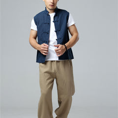 Summer Men's Frog Button Sleeveless Cotton  Linen Shirt, Standing Collar Casual Cotton and Linen Sleeveless Jacket