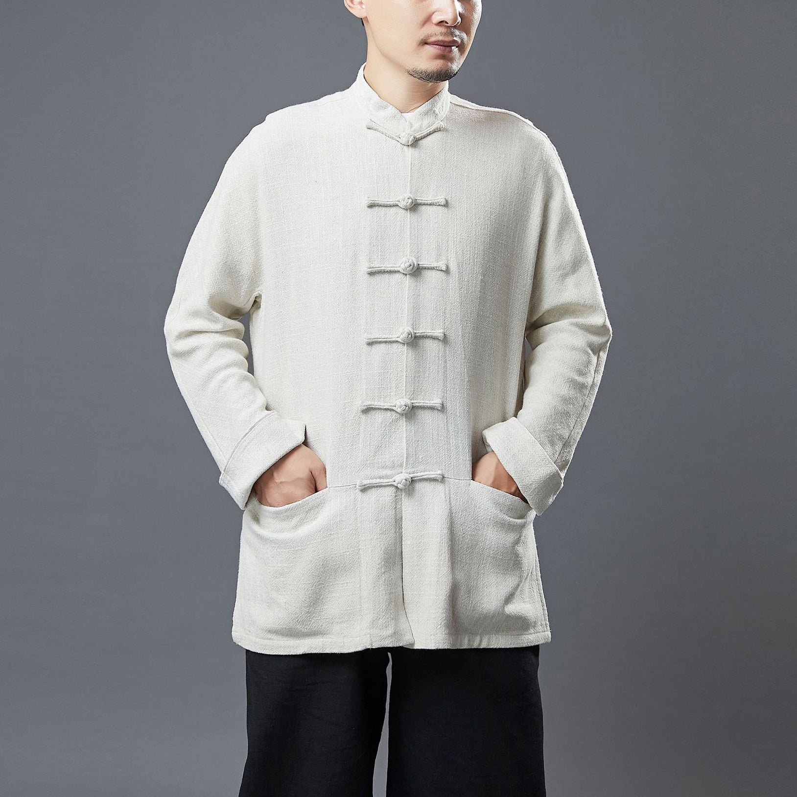 Standing collar loose linen jacket, frog button casual kung fu jacket